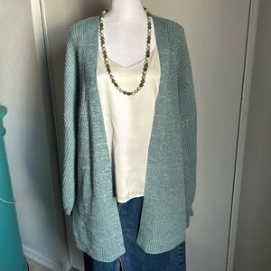 Nine West Women’s Open Front Marled Ribbed Teal Green Belted Cardigan Sweater